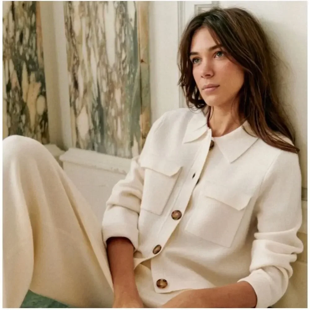 Sezane Betty Merino Wool Cropped Cardigan Ecru Cream Knit Pockets Size Large - Picture 3 of 11